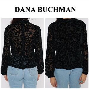 Black Velvet Burnout Blouse 90s Silk Floral Cut Out Sheer - Dana Buchman - 12